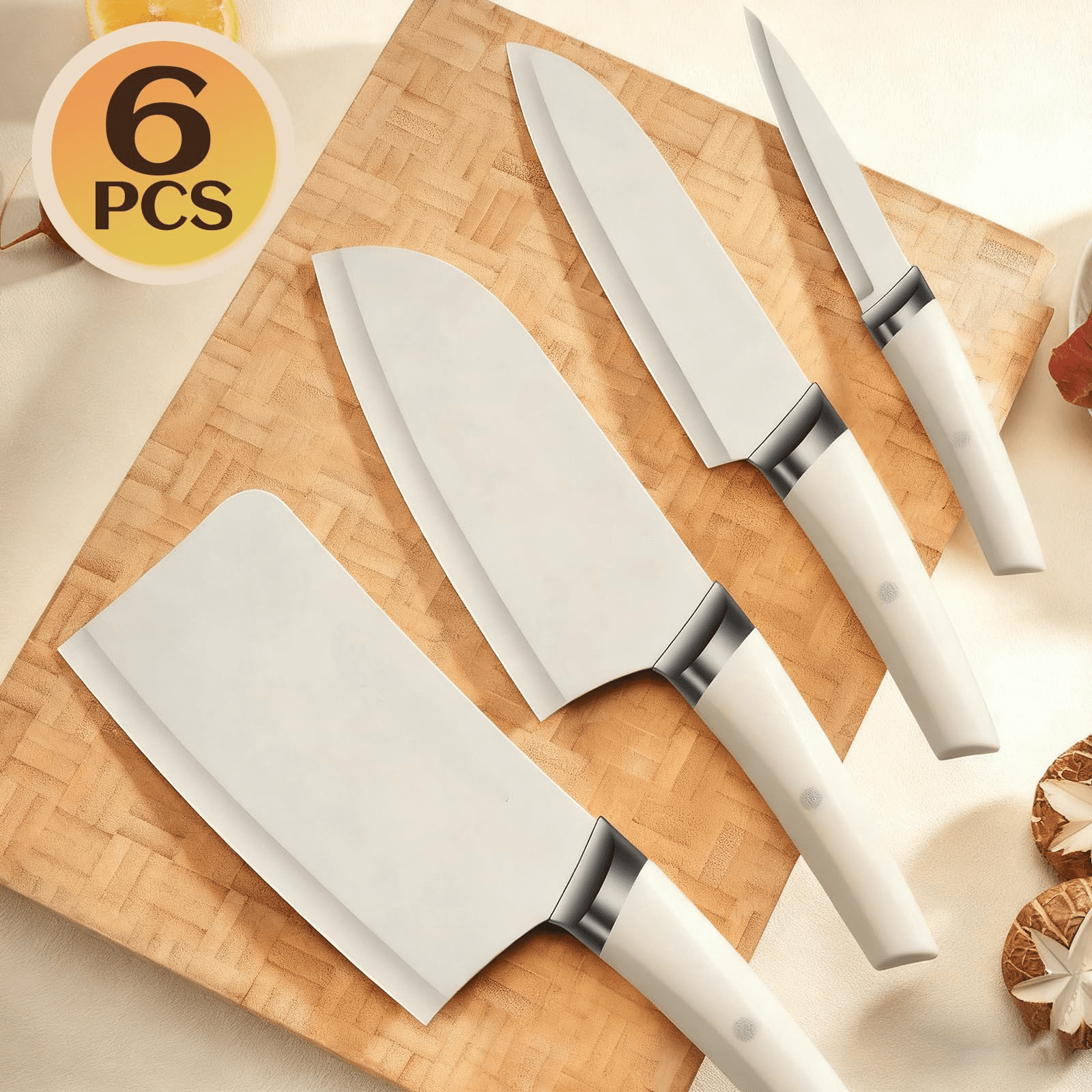 6-Piece White Kitchen Knife Set with Block, Stainless Steel Cutlery Set, Ultra-Sharp Chef Knives, Rust-Resistant Knives, Ideal Housewarming Gift