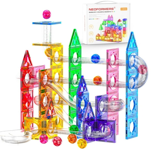 NEOFORMERS Marble Run Magnetic Tiles for Kids – 115PCS STEM Educational Construction Building Blocks Race Track Toy Set