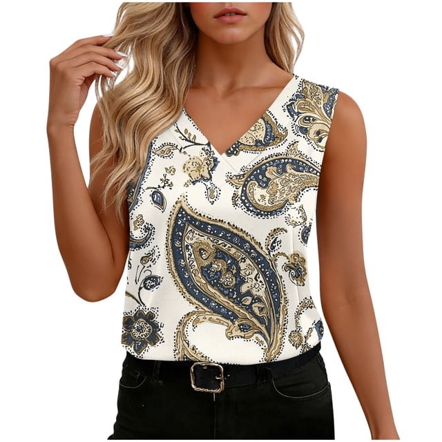 TaTaai V Neck Satin Printed Women Tank Top Sleeveless Silk-like Soft Machine Washable No Fading Breathable Non See-through Casual Fashion Daily Wear Top Gift