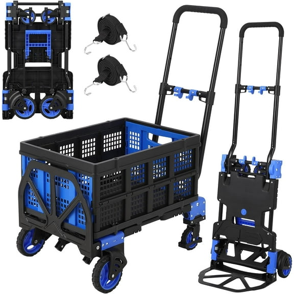 2-in-1 Folding Hand Truck Dolly with Basket, Heavy Duty Dolly Cart with Wheels, 330 LBS Capacity Convertible Handcart with Retractable Handle and 4 Wheels for Home Warehouse Office Moving