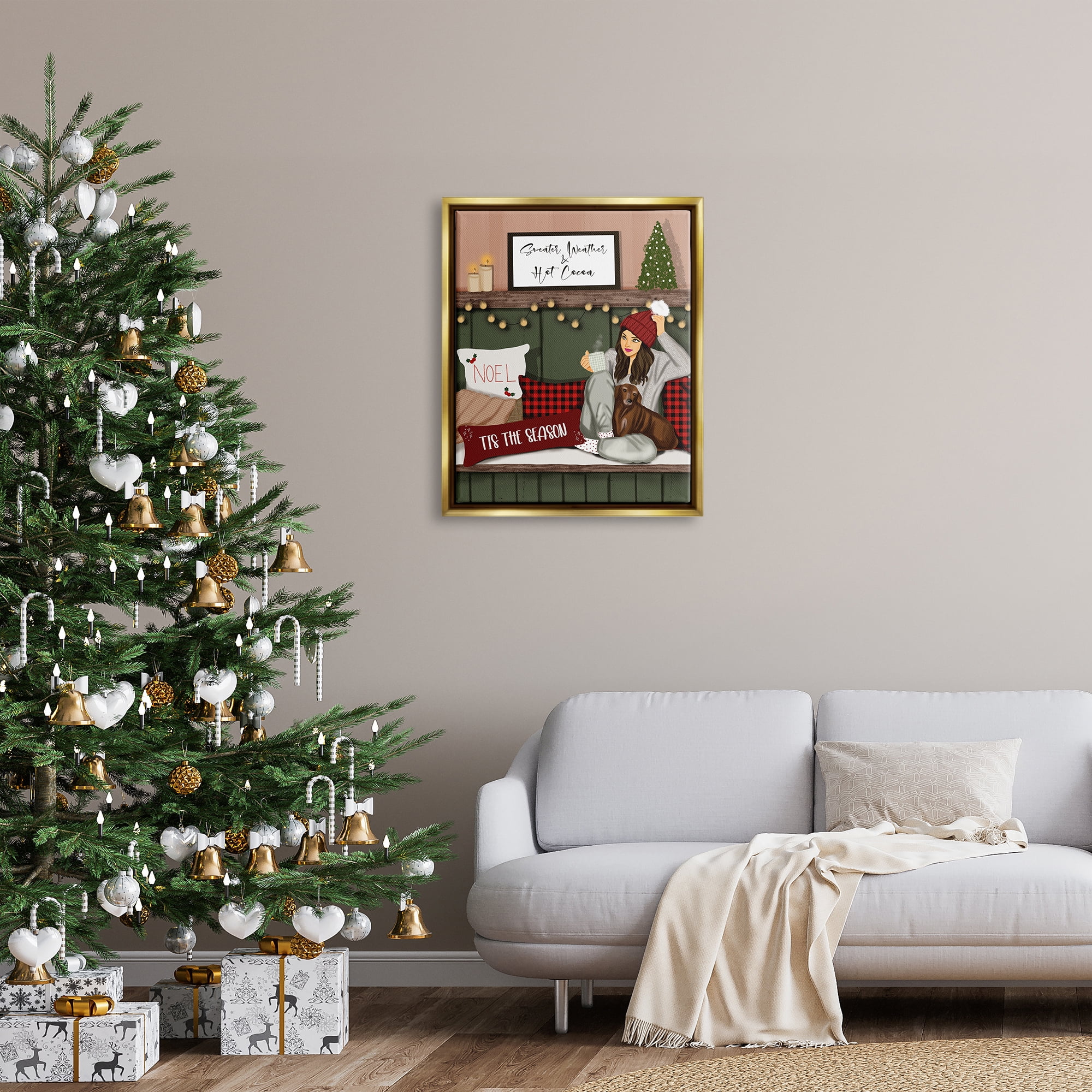 Stupell Industries Cozy Girl with Christmas Phrases Holiday Painting Gold Floater Framed Canvas Art Print Wall Art, 25 x 31