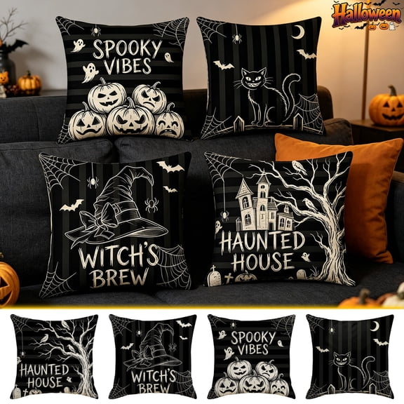 4 Pack Halloween Linen Throw Pillow Covers 18x18in, Striped Retro Pumpkin Black Cat Witch Hat Printed Cushion Cases with Hidden Zipper, Indoor Fall Harvest Decor for Sofa Bedroom Party Holiday Gift