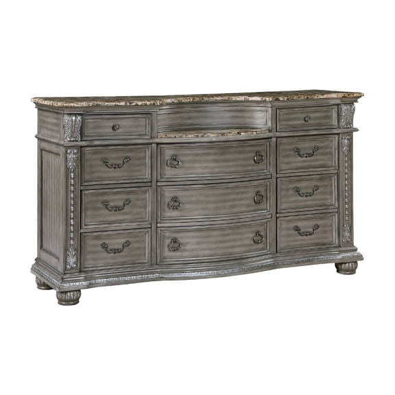 Benjara Toga 69 Inch Dresser with 11 Drawers, Gray Acacia Wood, Carved Details