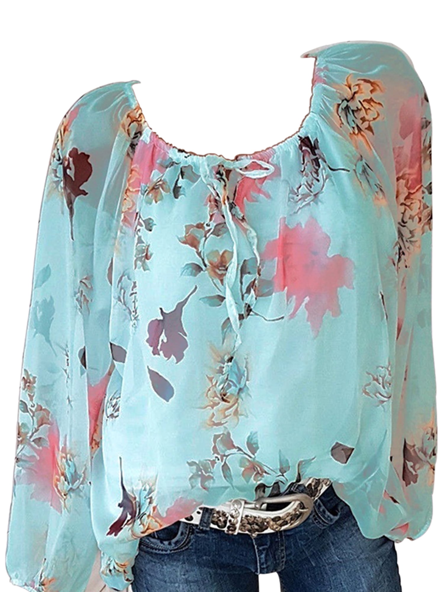 Aukbays Womens Oversized Floral Blouse Off Shoulder Lantern Sleeves Chiffon Flowy Tops T-Shirts Shirts Tees Blouses 