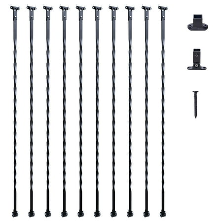 VEVOR Staircase Metal Balusters, 44'' x 1/2" Galvanized Steel Decorative Banister Spindles, 10 pack Deck Baluster with Hollow Twists, Satin Black Spiral Stair Railing with Shoes & Screws