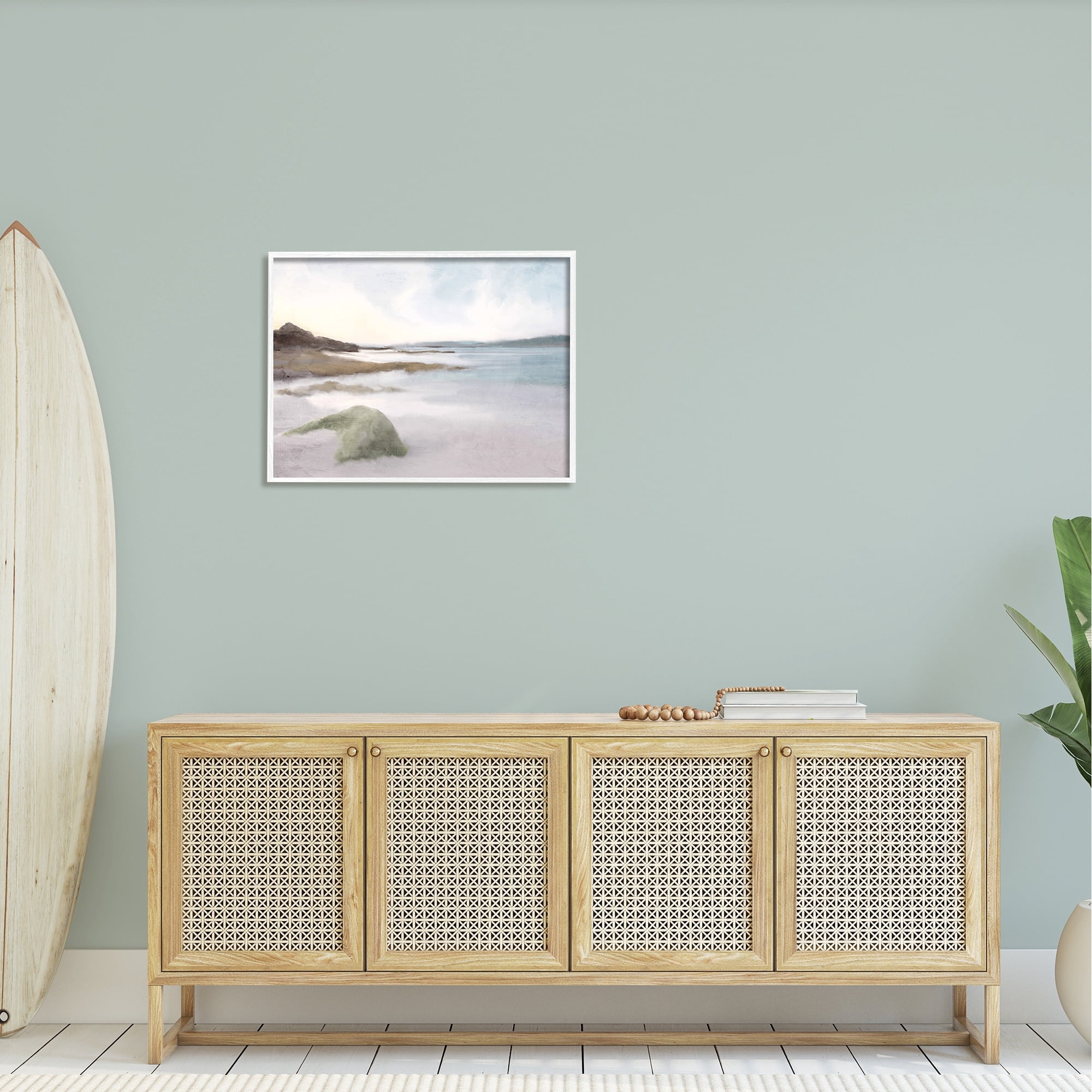 Stupell Industries Serene Foggy Ocean Rocky Shoreline Beach Painting White Framed Art Print Wall Art, 30x24, by Ann Bailey