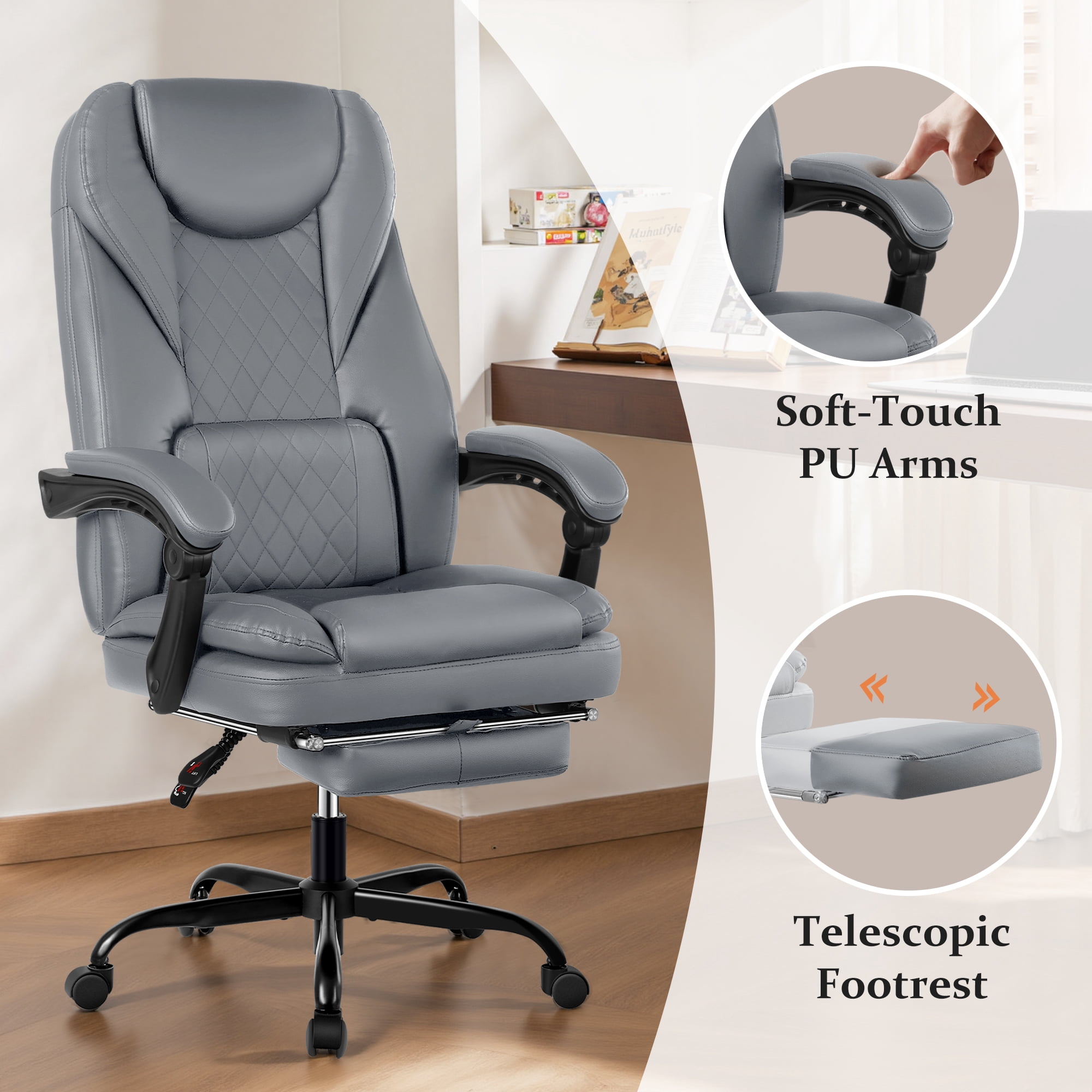 Primy Premium Executive Office Chair - Big & Tall PU Leather Reclining Chair with Footrest & Lumbar Support, 400lb Heavy Duty Ergonomic Computer Desk Chair for Home/Office, Gray