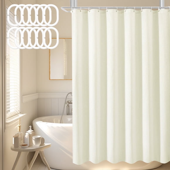 ZYNERY Cortina de baño tejida waffle , con 12 ganchos de acero inoxidable, cortina de baño de tela pesada, impermeable, duradera, lavable a máquina, adecuada para la mayoría de baños estándar (beige)