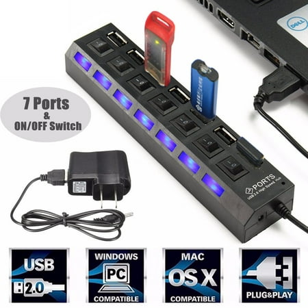 2X LED Indicator 7-Port USB 2.0 HUB Splitter Adapter W/ Individual On/Off Switch + Free Charger for Transfer Data Charging Speed For Windows OS Linux for iPhone 8/8 Plus7/7