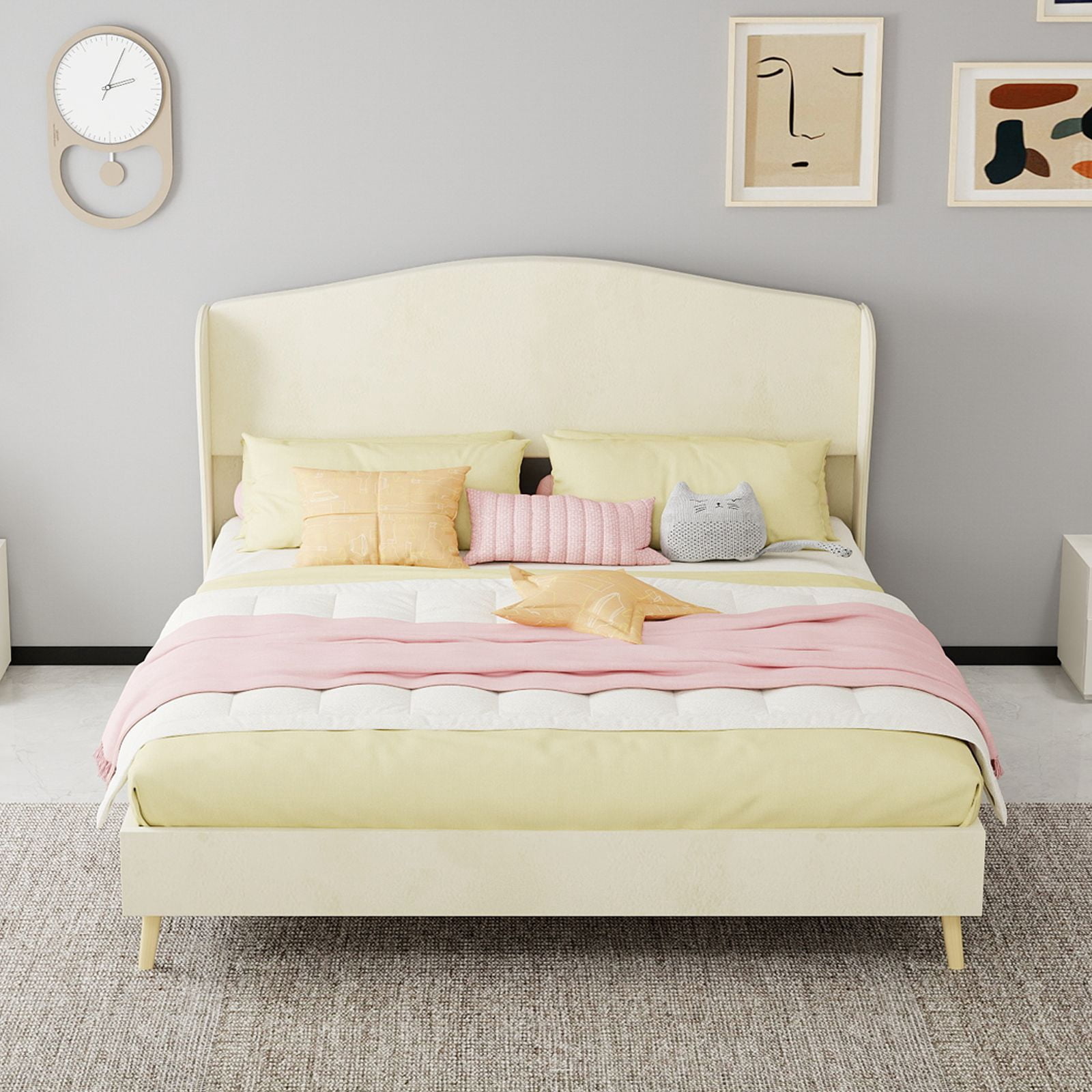 Alvantor Queen Size Upholstered Bed Frame with Padded Headboard, Holland Velvet Tufted Noise-Free & Durable Beige