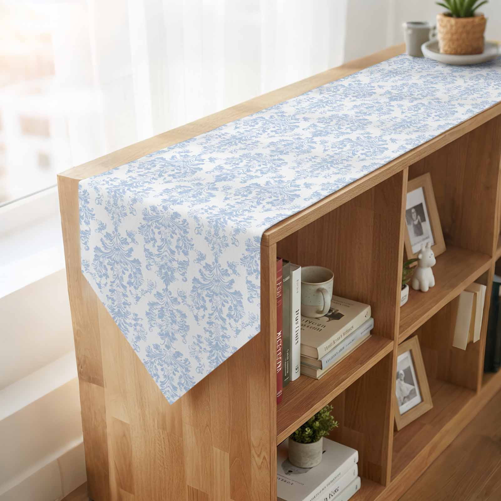 Blue Vintage Wallpaper Table Runner for Dining Room, Medieval Turkish Pattern Cotton Linen Dining Table Runner Tablecloth Dresser Scarves for Kitchen Cafe 13x120 Inches Long