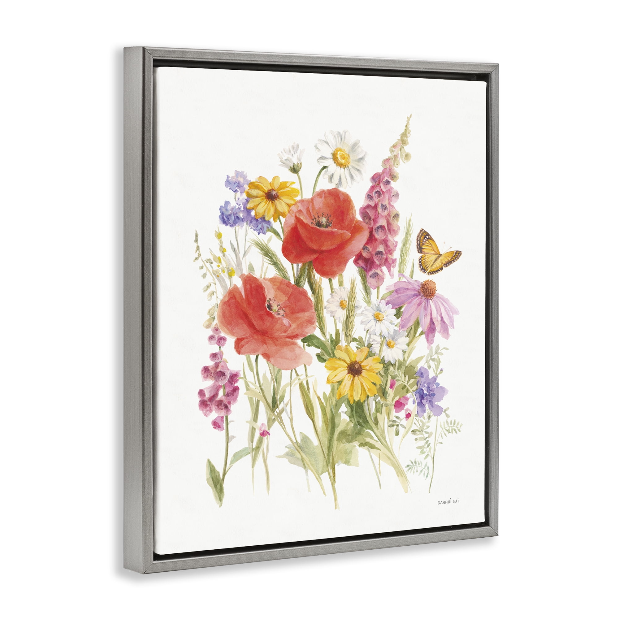 Stupell Industries Bright Flowers & Butterfly Botanical & Floral Painting Gray Floater Framed Art Print Wall Art, 17 x 21