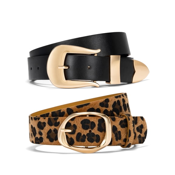 Vorliqent 2PC Women's Belts Leopard Suede & Smooth Leather Belts with Golden Buckle for Casual & Dressy Outfits