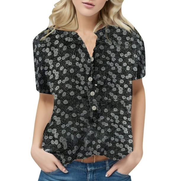 Gibobby Blusas Para Mujer Elegantes Tops for Women Short Sleeve Verano Fashion Casual Impreso de camisa Tee Button Neckline T camisas blusas Ladies(Negro, XL)