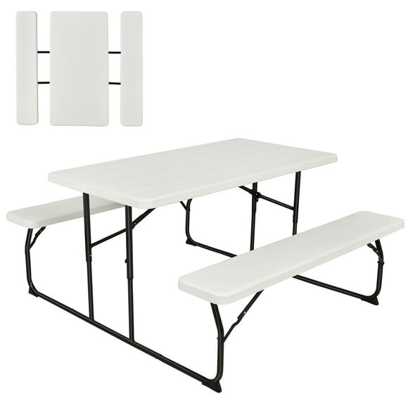 Gymax Folding Picnic Table & Bench Set for Camping BBQ w/ Steel Frame White