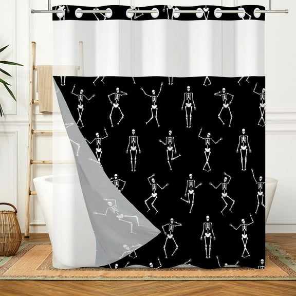 MIZHONA Halloween Shower Curtain with Snap in Liner,Skeleton No Hook Fabric Bathroom Curtain,71"×74"