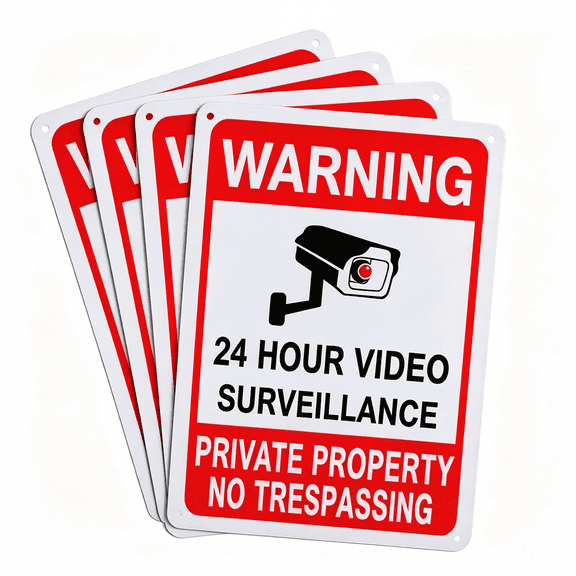4-Pack No Trespassing Signs with Video Surveillance, 10x7 Inch .040 Aluminum Outdoor, UV Coated Security Camera Warning for Home, Farm or Office