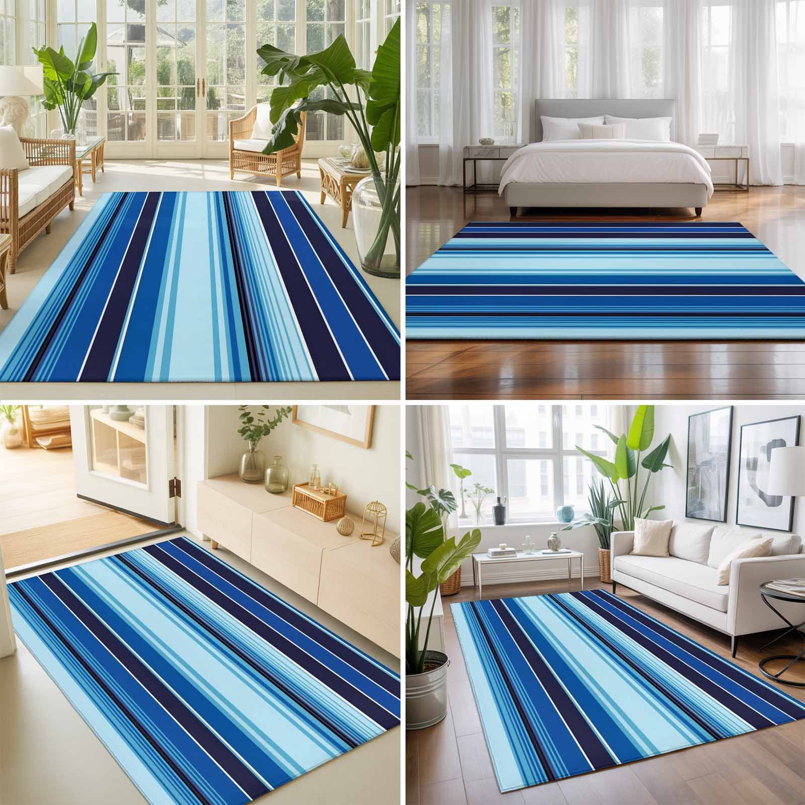 Area Rugs 5'x7', Mexican Style Carpet Runner Indoor Outdoor Rugs Home Decor Aesthetic, Colorful Mexico Stripes Ombre Blue Non Slip Mats Washable Accent Rug for Living Room Bedroom