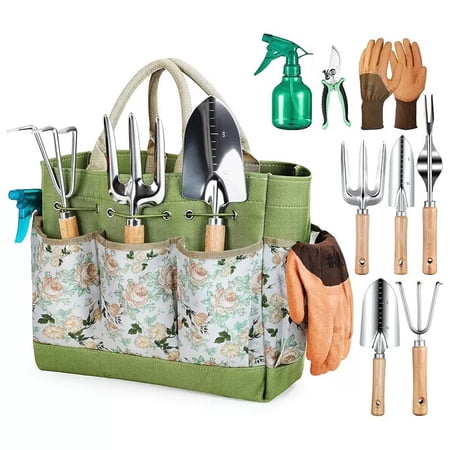 KASIU Garden Tools 9-Piece Heavy Duty Gardening Hand Tools with Floral Organizer Tote Bag Rust-Proof Garden Tool Set Thickened Repotting Mat Gardening Gifts for Women Mom Green