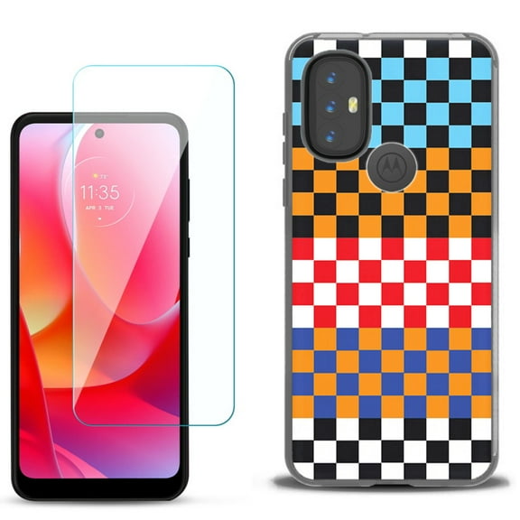 Slim-Fit Gel TPU Phone Case for Motorola Moto G Power 2022, with Tempered Glass Screen Protector, by OneToughShield ® - Colorful Checker