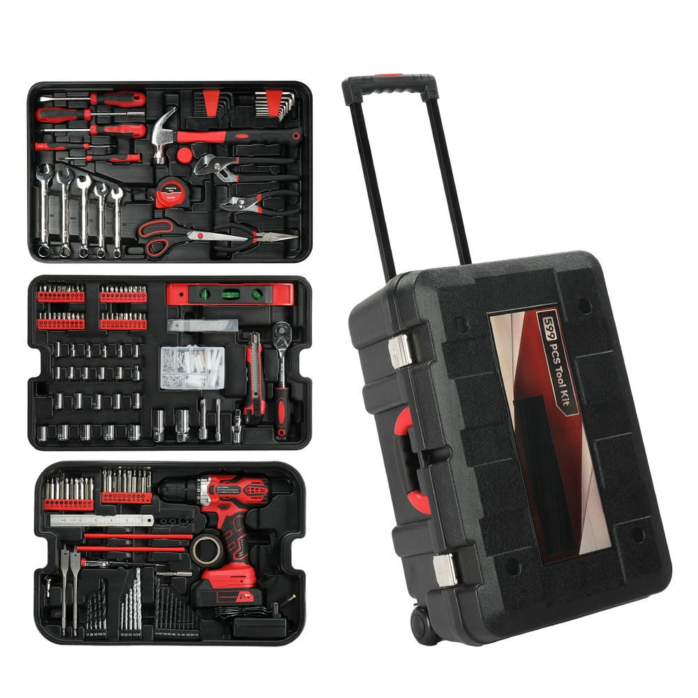 GVN 599 PCS Home Tool Set Kit, Auto Repair Tool Kit with Rolling Tool Box, Mechanic Tool Sets with 21V Max Cordless Power Drill
