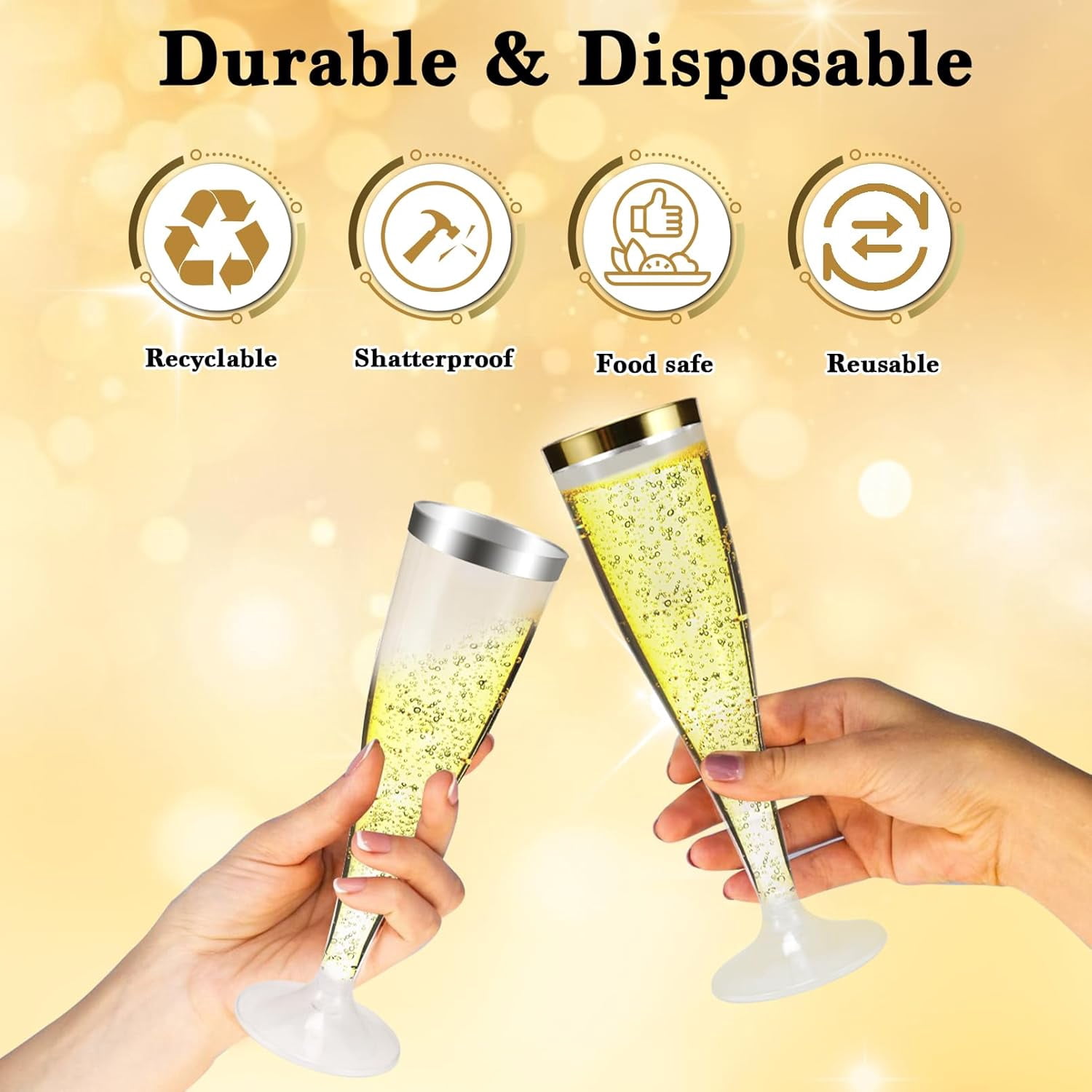 100 Pack Plastic Champagne Flutes,4.5 oz Gold Rim Plastic Champagne Glasses,Clear Disposable Champagne Flute,Disposable Toasting Glasses for Parties, Weddings