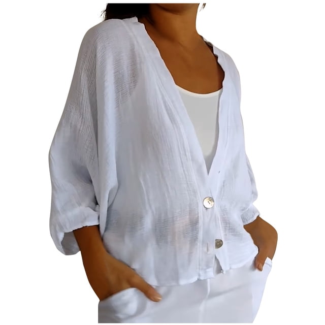DPTALR Womens Casual Solid Color Loose Blouses V-neck Buttons Long Sleeves Blouses