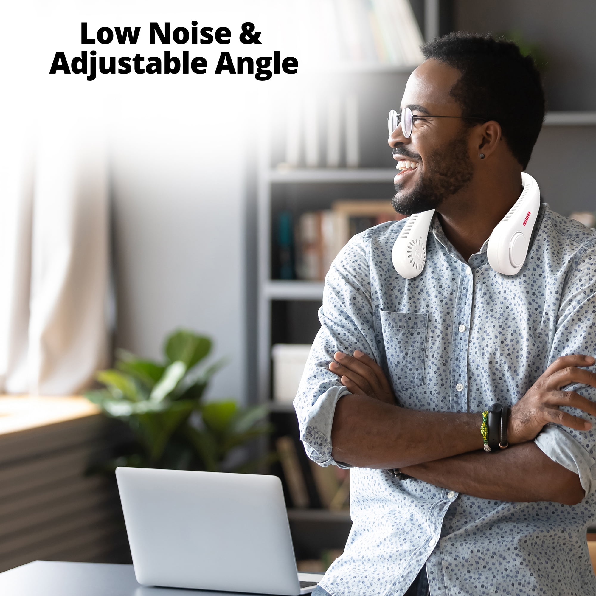 Aiwa Rechargeable Neck Fan, 2 Pack Wearable Portable Fan with 3 Speeds, USB-C Charging, Flexible Neckband, Lightweight Hands-Free Cooling, White