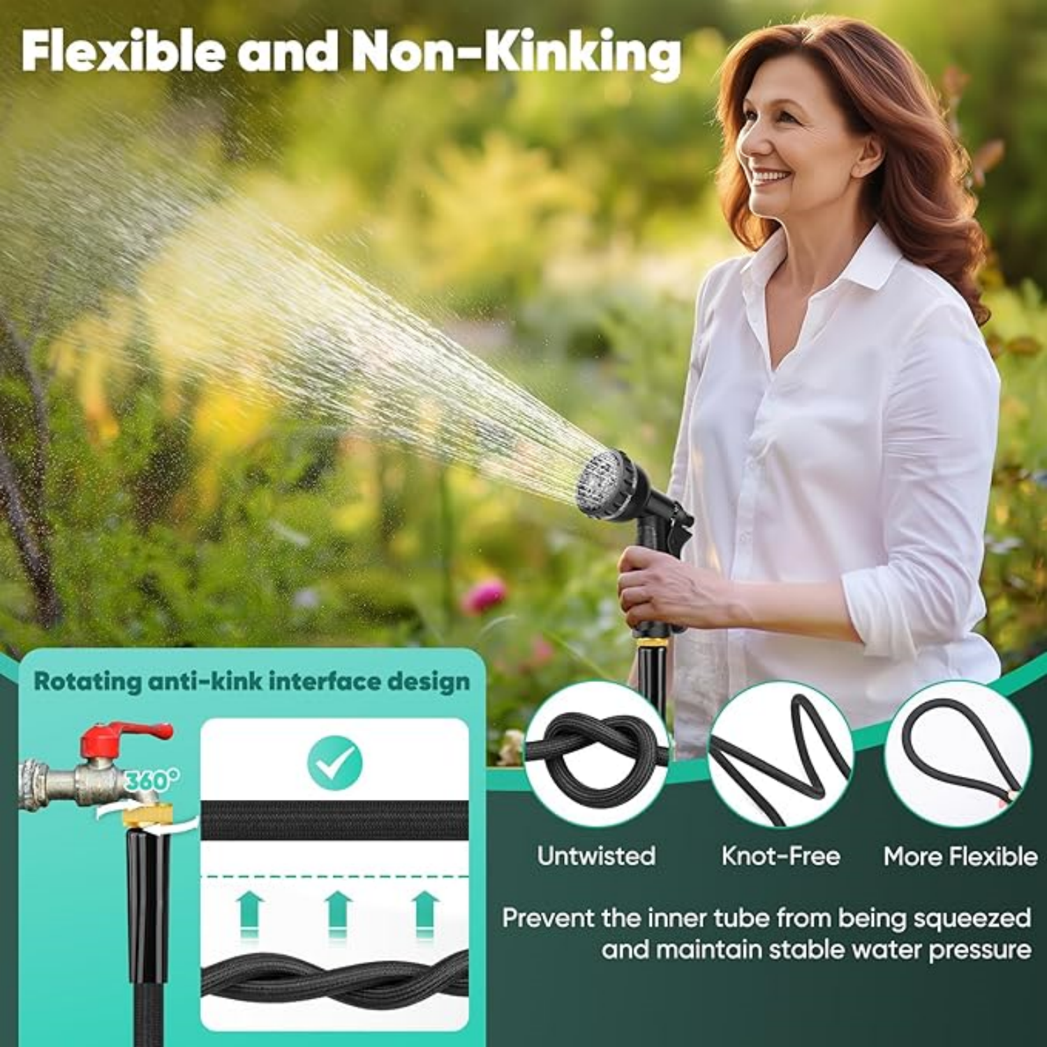 100FT, Non-Expanding, Lightweight Hose With 8 Function Nozzle, Leak-Proof, No-Knot, Easy to Carry, Wear-Resistant, Sturdy, Flexible, 3/4GHT, Water Hose for Yard, Garden, Outdoor