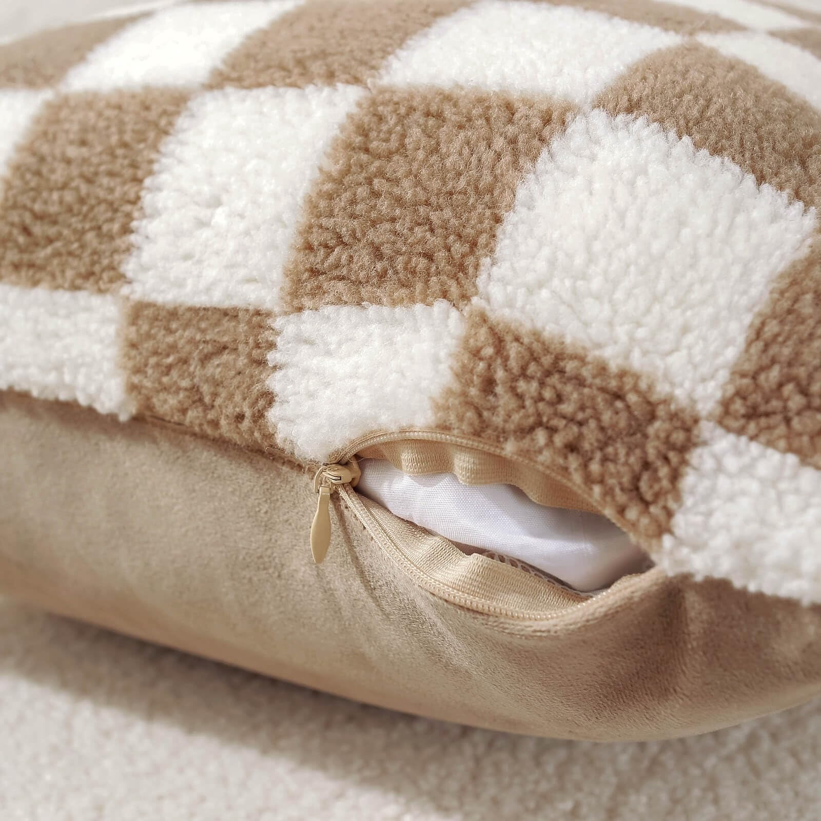Lanola Pack of 2 Decorative Throw Pillow Covers Checkerboard Luxury Super Soft Faux Fur Wool Set Case Cushion for Couch Sofa Bedroom 18 x 18-Inch Camel