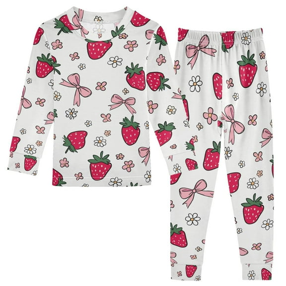 joogoo Strawberry Bows Floral 2 Piece Long Sleeve Tee and Pants Cotton Pajama Set 5Y