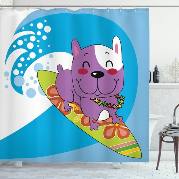 Ambesonne Ride the Wave Shower Curtain, Cartoon Bulldog, 69"Wx70"L, Multicolor