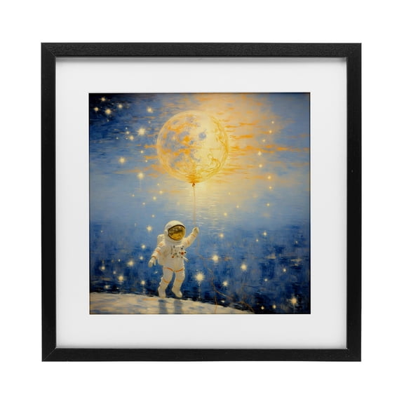 Astronaut with Dreamy Cosmic Balloon Black Framed Print Under Glass, design by Angie Hawke