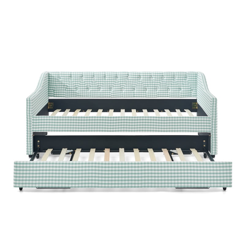Twin Size Daybed with Pop Up Trundle, Gingham Upholstered Daybed Frame with Tufted Button Backrest and Side Storage Pocket, Modern Sofa Bed for Living Room Bedroom