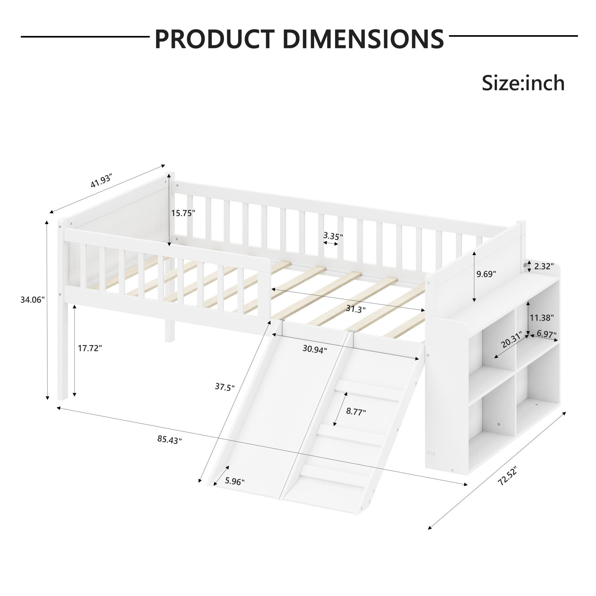 Sailvan Twin Bed Frame with Storage Shelf,Kids Wooden Platform Bed with Slide and Ladder,Full Guardrail,No Box Spring Needed，White