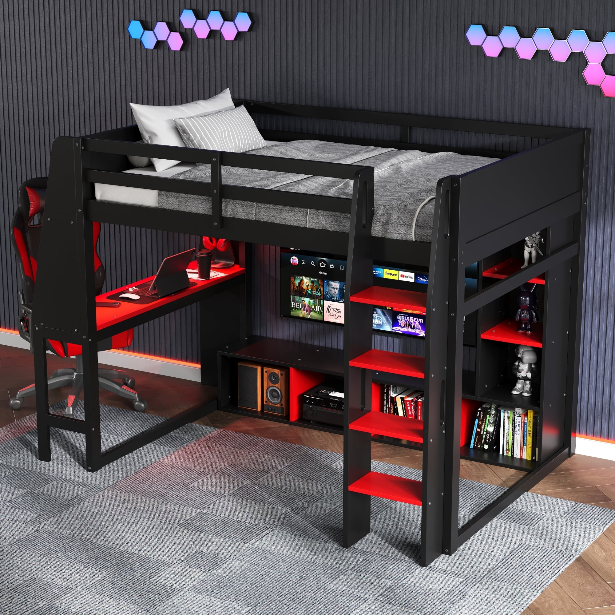 Euroco Modern Wood Twin Size Loft Bed with Desk and Clothes Hanger, Gaming Bed with Shelves and LED Light for Kids Teens, Black