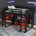 thumbnail image 3 of Euroco Modern Wood Full Size Loft Bed with Desk and Clothes Hanger, Gaming Bed with Shelves and LED Light for Kids Teens, Black, 3 of 11