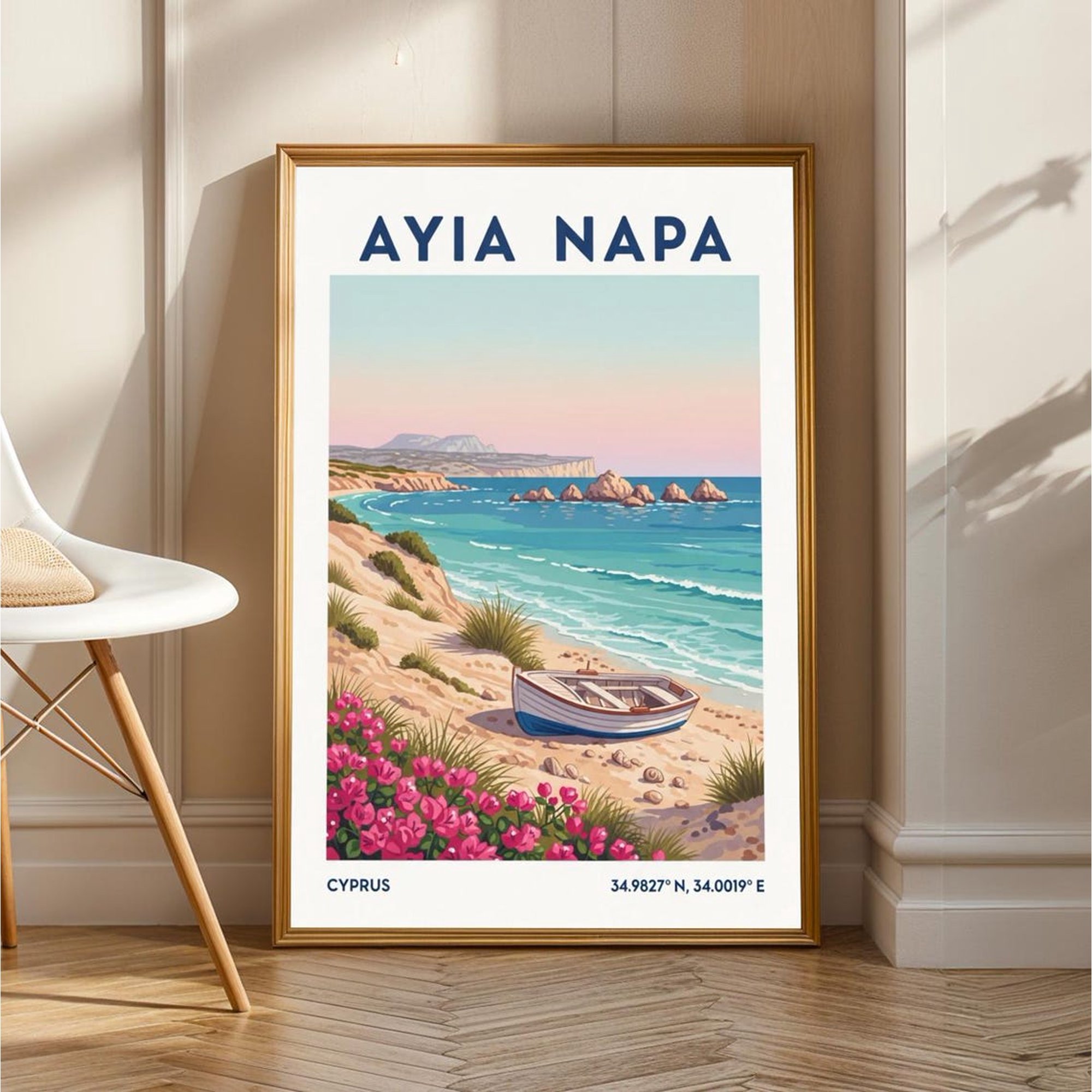 Ayia Napa Coastline Poster Blue And Pink Coastal Illustration Cyprus Travel Art Contemporary Beach Print For Travel Enthusiasts