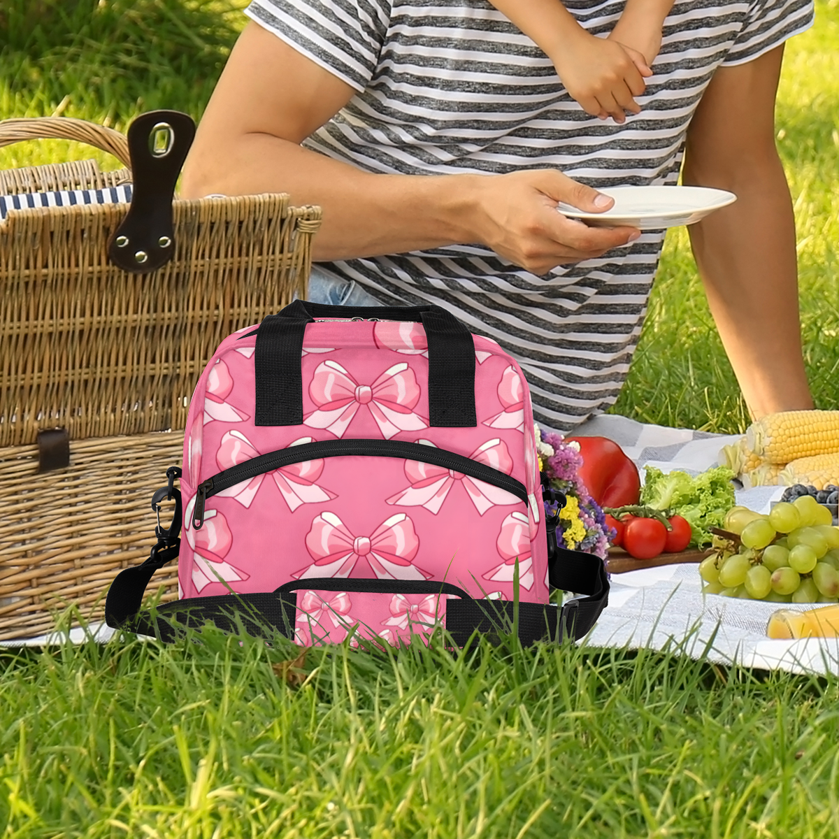 Herdesigns Pink Insulated Lunch Bag for Women Men Adults Large Reusable Lunch Box Bow Leakproof Cooler Tote Bags with Adjustable Shoulder Strap