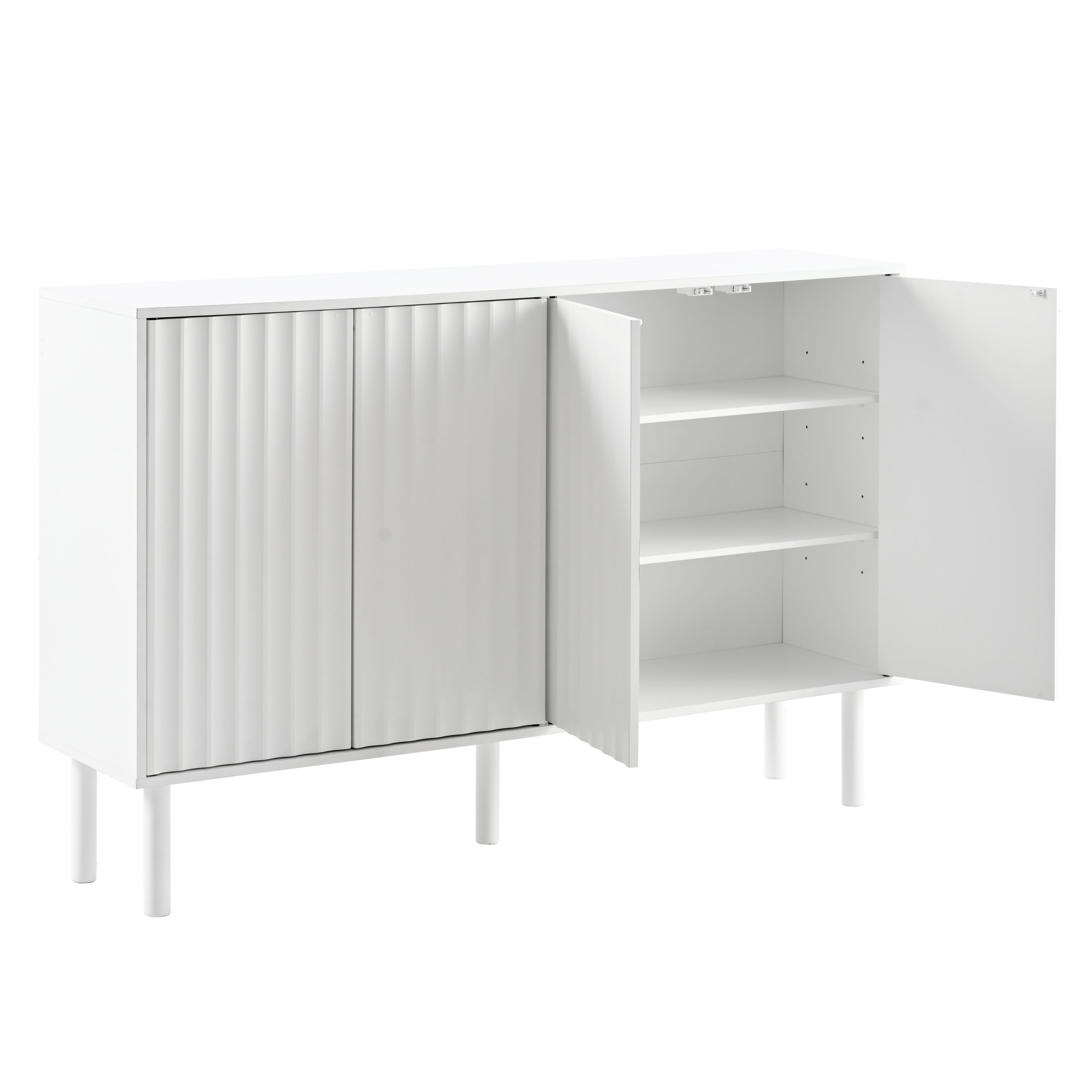 MAYEERTY Minimalist Shoe Cabinet with 5 Solid Wood Legs, Cream Style Sideboard Buffet Cabinet with Fluted Doors, Large 4-Door Storage Cabinet with Adjustable Shelves