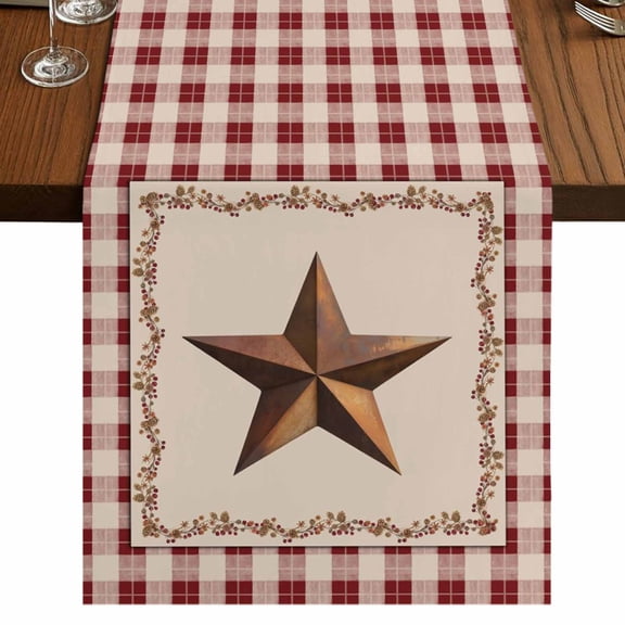 Table Runners 48 Inches Long Dress Scarves, Western Texas Star Retro Farmhouse Kitchen Table Runner, Short Coffee Tablerunners, Rustic Vintage Farm Red Beige Plaid 13x48 Inch