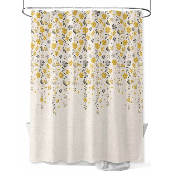 Flower Yellow Shower Curtain, Grey Cherry Blossoms Cotton Linen Background Waterproof Shower Curtain Set with 12 Hooks Lightweight Washable Fabric Shower Curtains for Bathroom 72x78 Inches