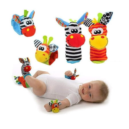 Baby Rattle Socks Wrist Rattle Toys - (4 Pack) Cute Animal Soft Baby Socks Toys Wrist Rattles and Foot Baby Finders