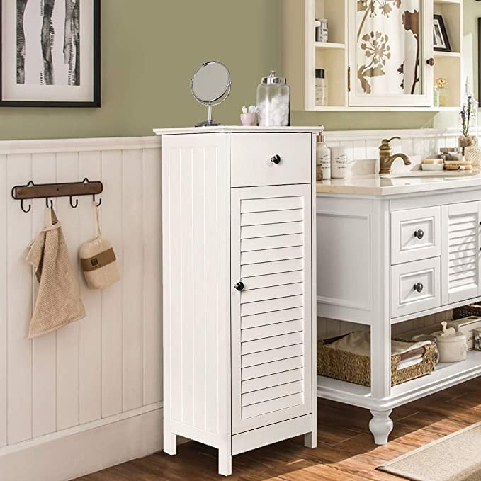 KINGSO Bathroom Floor Cabinet Storage Organizer Set with Drawer and Adjustable Single Shutter Door Wooden Brown