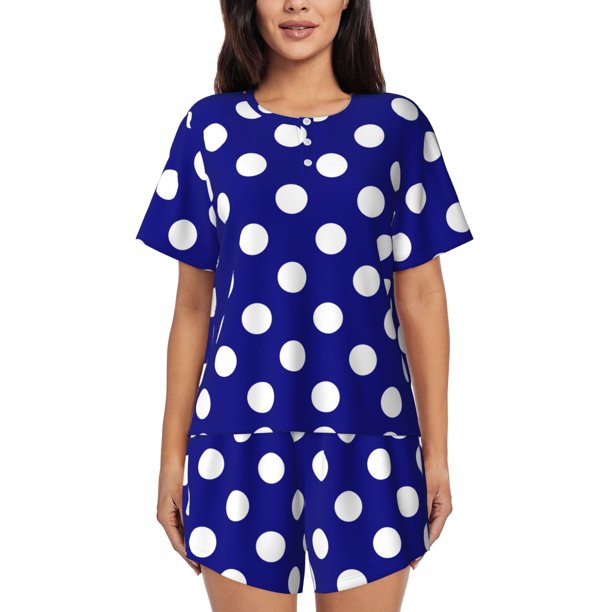 Fotbe Navy And White Polka Dot Conjunto de Pijama Estampado para Mujer, 2 Piezas, Ropa de Dormir con Camiseta de Manga Corta y Shorts Suaves-Small
