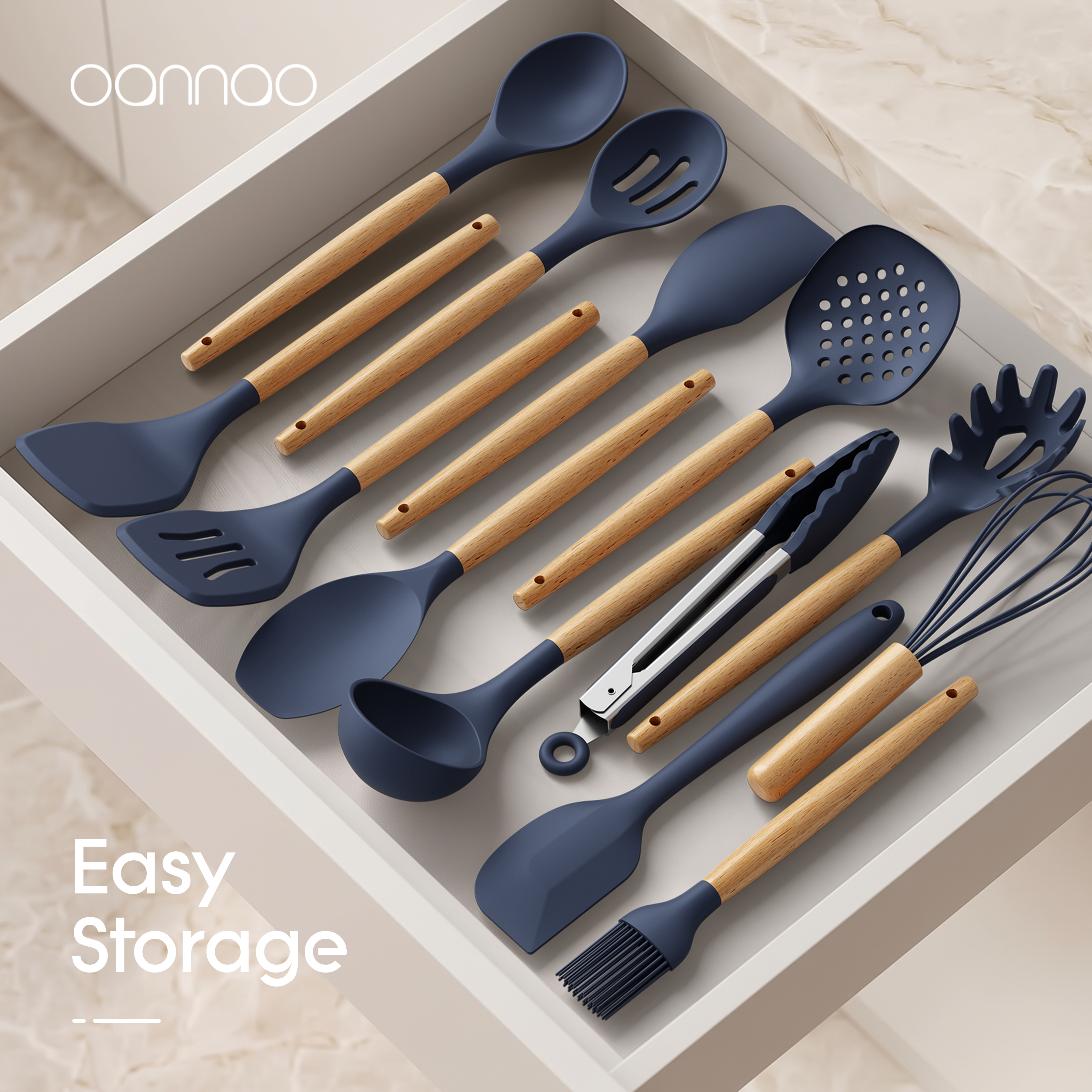 oannao 14-Piece Silicone Utensil Set with Wooden Handles, Navy photo 3