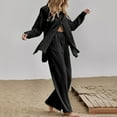 thumbnail image 3 of DTBPRQ Casual 2 Piece Outfit for Women - Linen Long Sleeve Button Down Shirt + Flare Pleated Wide Leg Pants Sets Streetwear, 3 of 7
