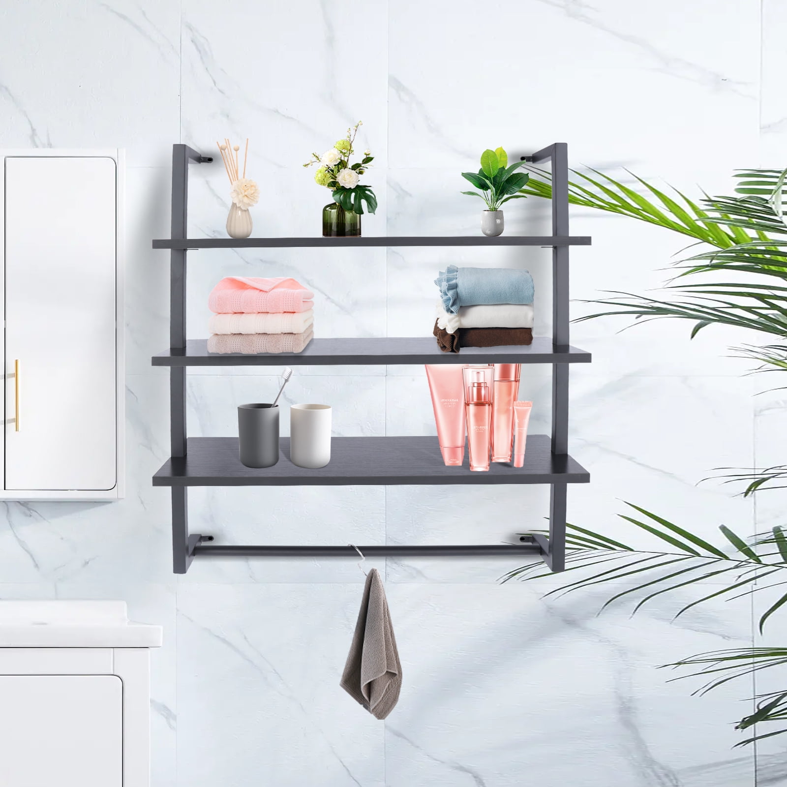 Loyalheartdy 3 Tier Wall Mounted Storage Rack Black Bathroom Towel Rack ...