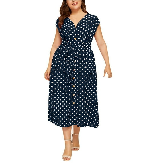 AOOCHASLIY Womens Dresses Summer Women's Casual Plus Size V-neck Sleeveless Polka Dot Printed Button Belt Dress