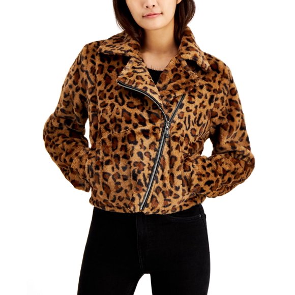 Jou Jou Juniors' Faux-Fur Leopard-Print Moto Jacket, Brown, XS